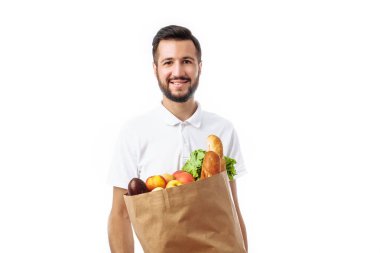 Genç yakışıklı hipster adam gıda ihale izole beyaz zemin üzerine reklam, metin ekleme