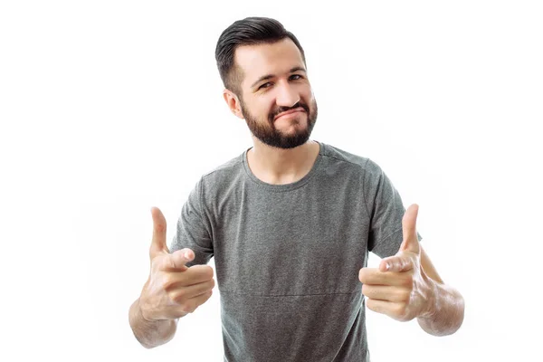 Retrato Hombre Hipster Emocional Que Muestra Clase Dedo Camiseta Gris — Foto de Stock