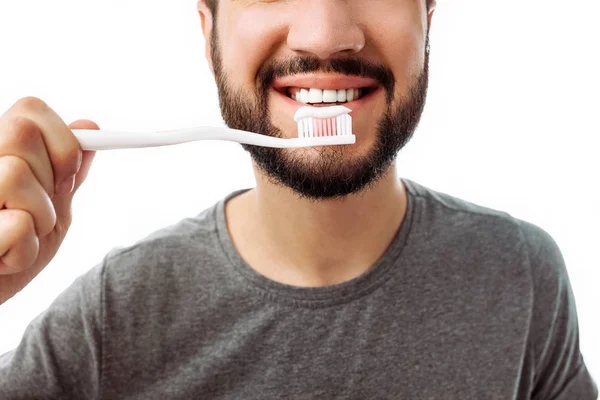 Portrait Smiling Young Man Hipster Beard Toothbrush Gray Shirt Isolated — Stock Photo, Image