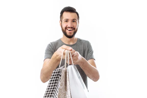 Beautiful Young Male Hipster Shopaholic Gray Shirt Bags Isolated White — Stock Photo, Image