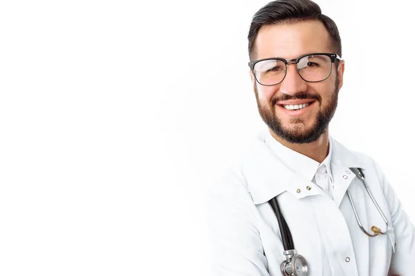 Portrait Jeune Hipster Doctor Sur Fond Blanc Stagiaire Studio Avec — Photo