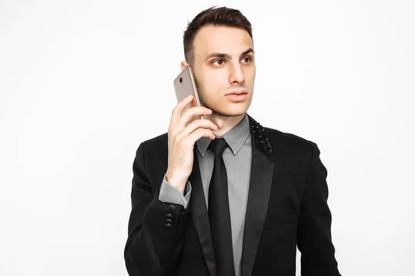 Young Businessman Black Suit Talking Phone Isolated White Background — Stock Photo, Image