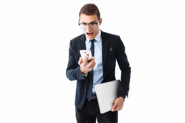 Seyir Telefon Bir Dizüstü Bilgisayar Beyaz Zemin Üzerine Onun Elinde — Stok fotoğraf
