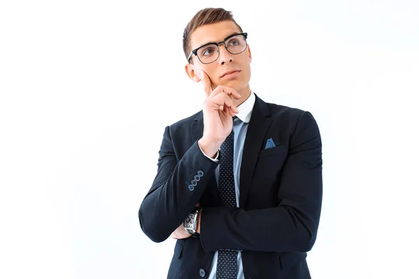 Fundersam Affärsman Glasögon Och Kostym Drömmer Vit Bakgrund — Stockfoto