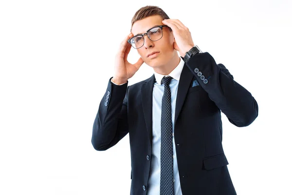 Hombre Negocios Incierto Con Gafas Traje Sosteniendo Cabeza Sin Saber — Foto de Stock