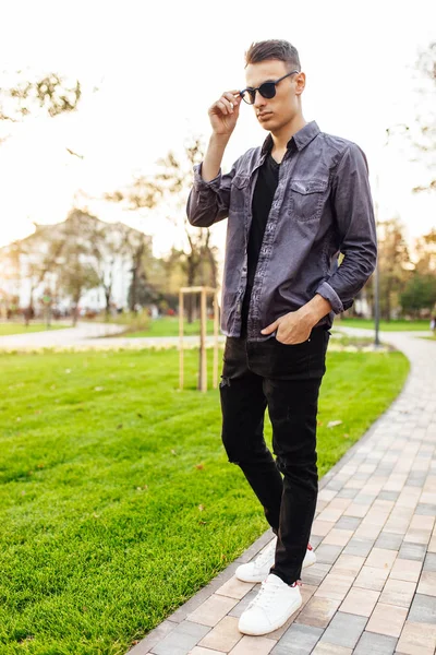 gün batımına karşı parkta çekici adam şık elbiseler, güneş gözlüğü, giyinmiş yürür