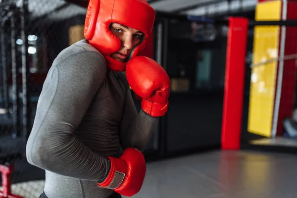 Boxer Masculino Envolvido Treinamento Ginásio Uma Gaiola Para Uma Luta — Fotografia de Stock