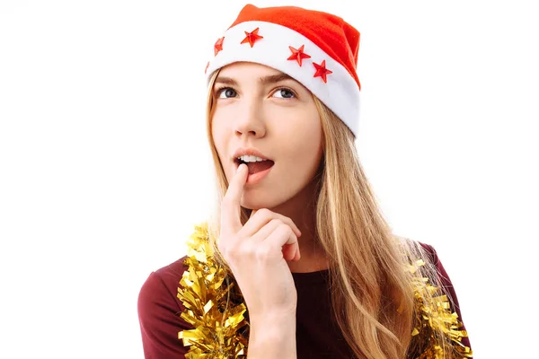 Femme Pensive Chapeau Robe Père Noël Avec Des Mouchetures Sur — Photo