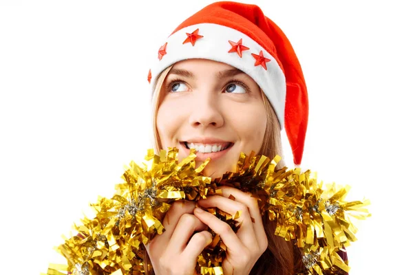 Femme Pensive Chapeau Robe Père Noël Avec Des Mouchetures Sur — Photo