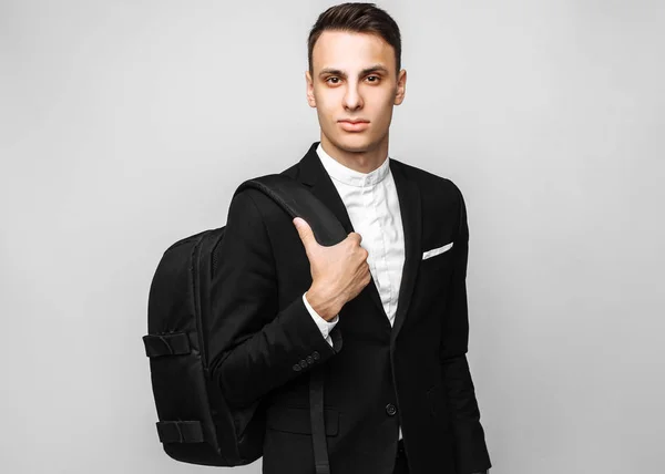 Portrait Handsome Young Business Man Male Classic Black Suit Briefcase — Stock Photo, Image