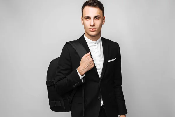 Portrait Handsome Young Business Man Male Classic Black Suit Briefcase — Stock Photo, Image