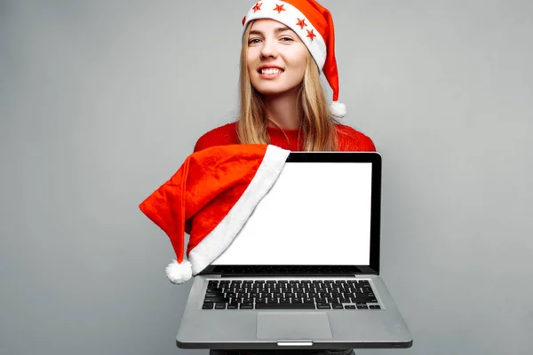 Portrait Happy Woman Red Sweater Santa Claus Hat Showing Blank — Stock Photo, Image