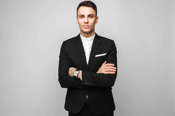 Portrait Handsome Young Business Man Male Classic Black Suit Gray — Stock Photo, Image
