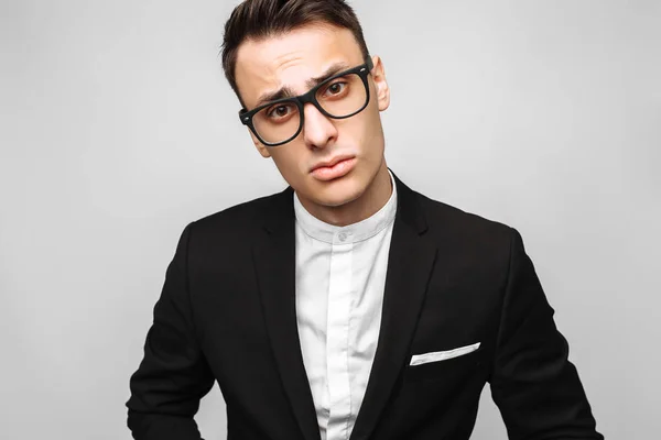 Portrait Handsome Young Business Man Male Classic Black Suit Glasses — Stock Photo, Image