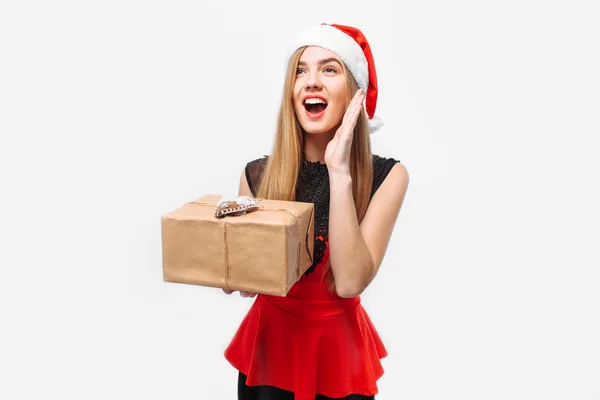 Glückliche Junge Frau Weihnachtsmannmütze Und Kleid Die Neujahr Feiert Ihren — Stockfoto