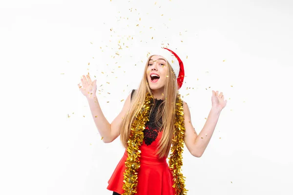 Schokkende Vrouw Kerstmuts Jurk Viering Van Nieuwjaar Plezier Genieten Van — Stockfoto