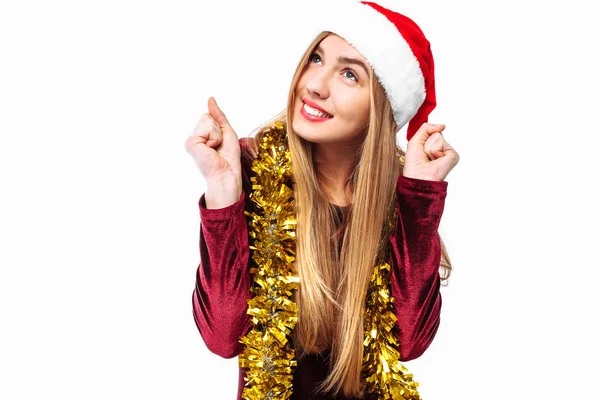 Prachtig Mooi Meisje Een Hoed Van Kerstman Een Jurk Verheugt — Stockfoto