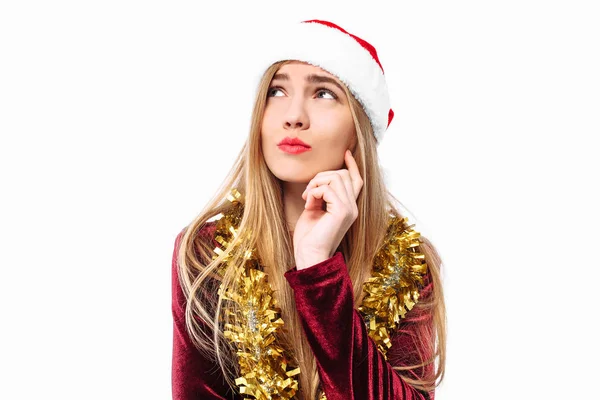 Bella Ragazza Carina Nel Cappello Babbo Natale Vestito Sogni Distoglie — Foto Stock