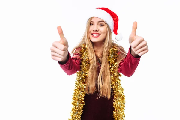 Mujer Feliz Sombrero Santa Vestido Celebrando Año Nuevo Mostrando Clase — Foto de Stock