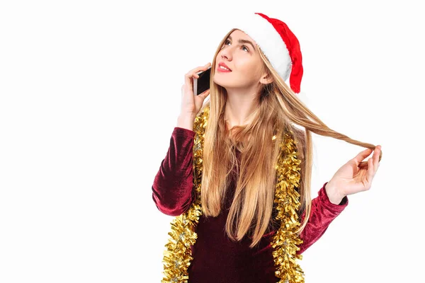 Ragazza Felice Con Cappello Babbo Natale Che Parla Cellulare Sfondo — Foto Stock