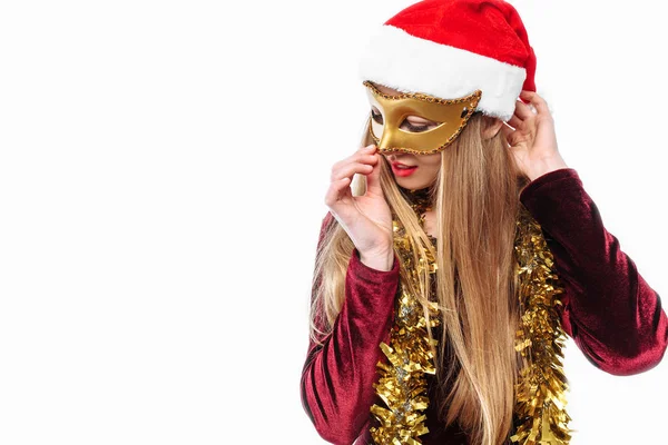 Veselá Žena Santa Čepice Karneval Maska Obličej Slaví Nový Rok — Stock fotografie