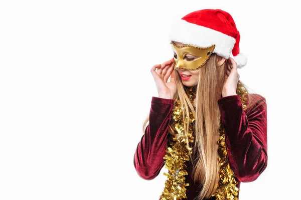 Femme Joyeuse Chapeau Père Noël Masque Carnaval Sur Son Visage — Photo