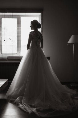 Arkadan Görünüş pencerenin bir otel odasında poz zarif bir gelin