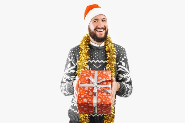 Hombre Con Regalo Navidad Sus Manos — Foto de Stock