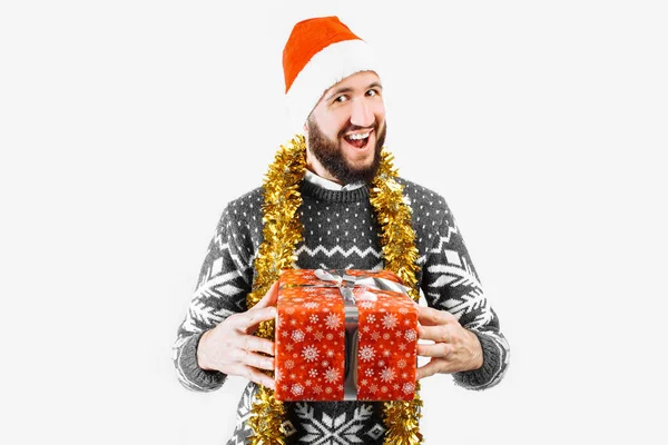 Uomo Con Regalo Natale Mano — Foto Stock