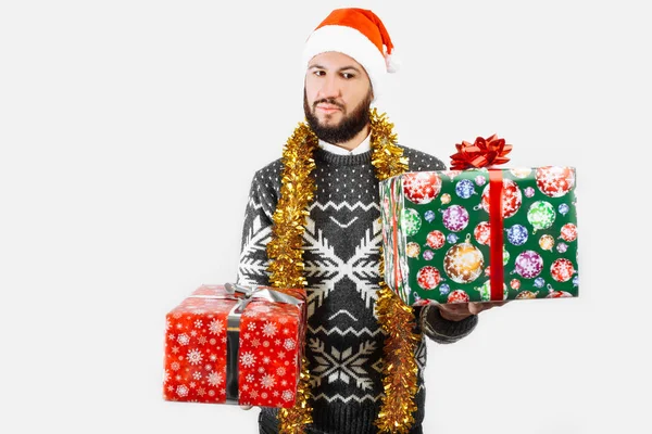 Uomo Con Regalo Natale Mano — Foto Stock