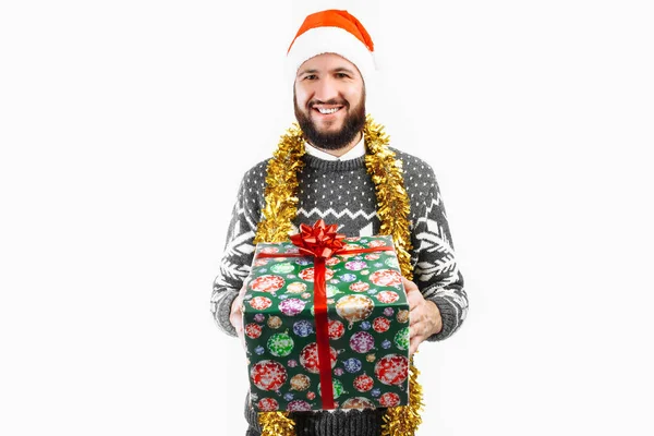 Hombre Con Regalo Navidad Sus Manos —  Fotos de Stock