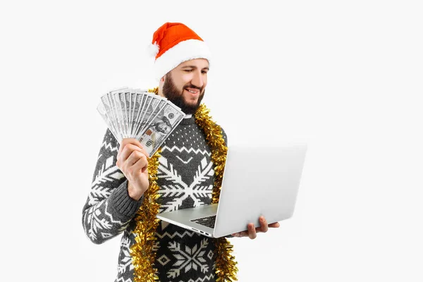 Man Christmas Hat Laptop — Stock Photo, Image