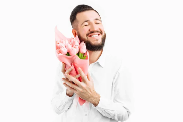 Élégant Homme Barbu Tenant Bouquet Tulipes Cadeau Pour Saint Valentin — Photo