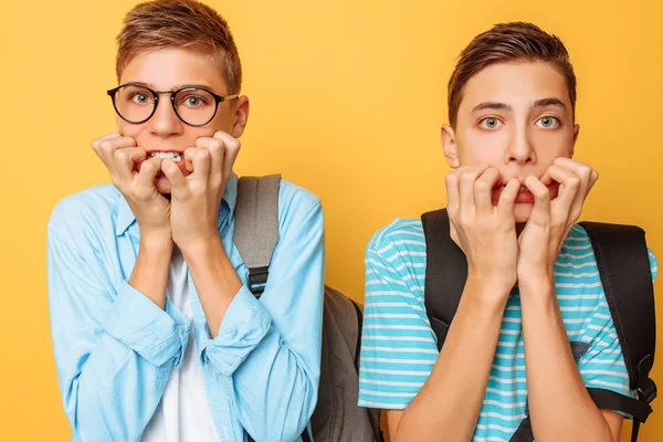 Вражені Шоковані Двоє Хлопців Підлітків Злякаються Вони Закривають Рот Обома — стокове фото