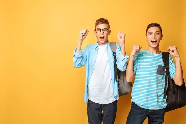 Πορτρέτο Του Δύο Σοκαρισμένος Έφηβοι Παιδιά Δείχνουν Νίκη Χειρονομία — Φωτογραφία Αρχείου