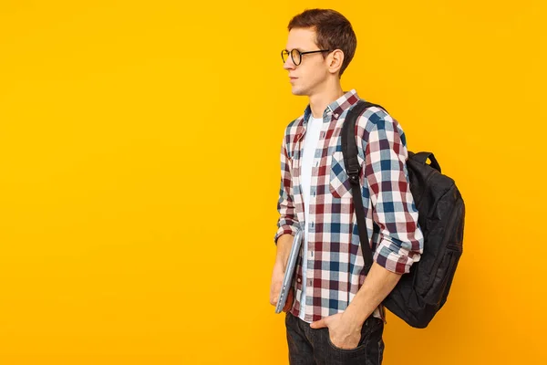 Happy Guy Glasses Student Plaid Shirt Closed Laptop Hand Yellow — Stock Photo, Image