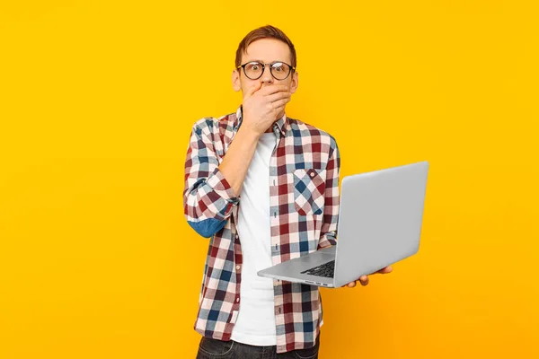 shocked man with laptop, on yellow background