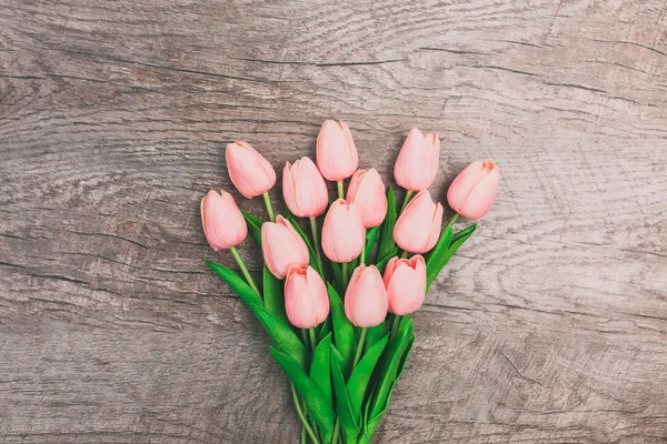 Ramo Tulipanes Rosados Sobre Fondo Madera Día San Valentín — Foto de Stock