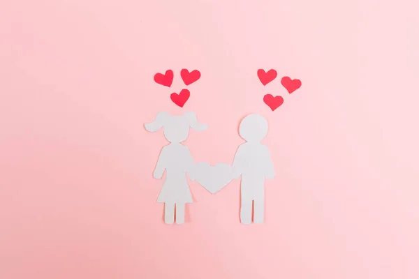 Girl Guy Paper Loving Couple Pink Background Valentine Day — Stock Photo, Image