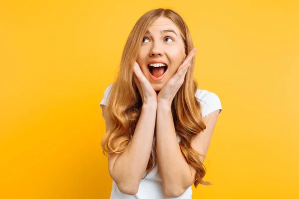 Πορτρέτο Του Μια Ενθουσιώδη Νεαρή Κοπέλα Ουρλιάζοντας Χαρά Κίτρινο Φόντο — Φωτογραφία Αρχείου