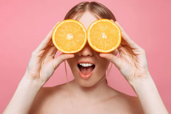 Portrait Cheerful Feminine Girl Natural Clear Skin Girl Orange Slices — Stock Photo, Image