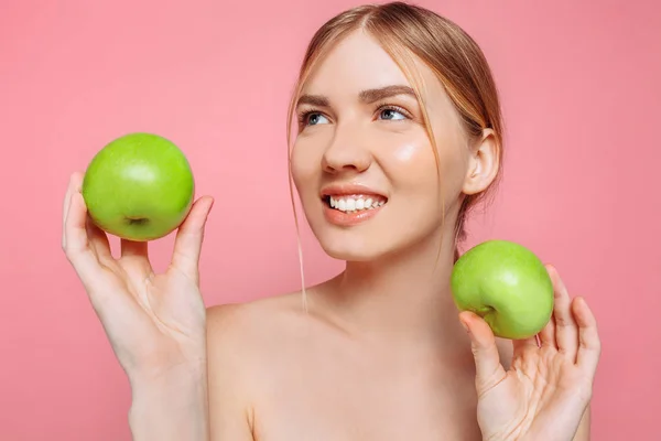 Portrait Happy Beautiful Woman Holding Apple Pink Background Natural Beauty — Stock Photo, Image