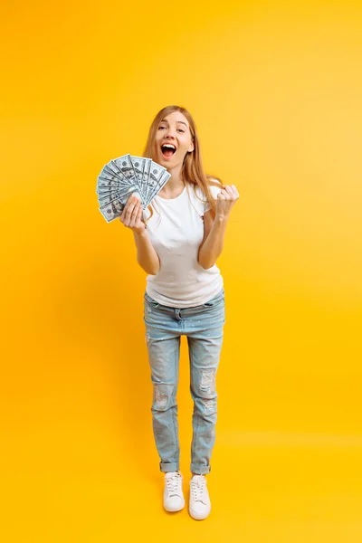 Ritratto di felice ragazza contenta con un mazzo di banconote e c — Foto Stock
