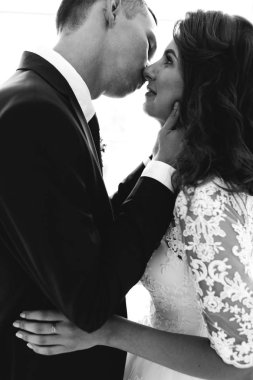 Güzel gelin ve damat stüdyo poz, ilk düğün fotoğraf çekimi öpücük