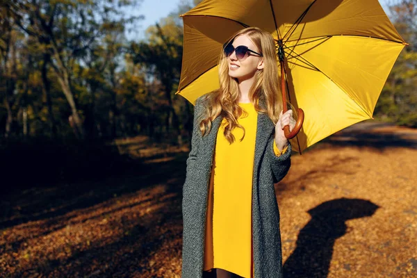 Flicka, med gult paraply, i parken med gula blad, hösttid — Stockfoto