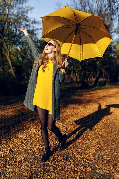Menina, com guarda-chuva amarelo, no Parque com folhas amarelas, horário de outono — Fotografia de Stock