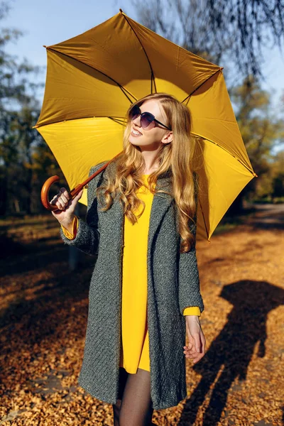 Ragazza, con ombrello giallo, nel Parco con foglie gialle, ora d'autunno — Foto Stock