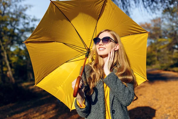 Ragazza, con ombrello giallo, nel Parco con foglie gialle, ora d'autunno — Foto Stock