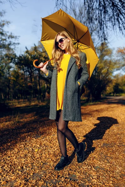 Menina, com guarda-chuva amarelo, no Parque com folhas amarelas, horário de outono — Fotografia de Stock