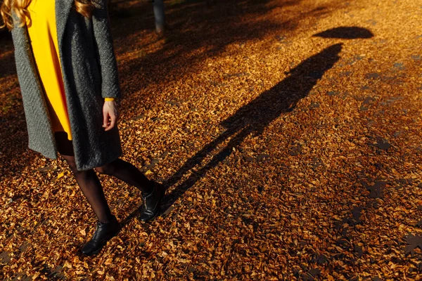 Stilvolles Mädchen spaziert mit Regenschirm durch den Herbstpark — Stockfoto